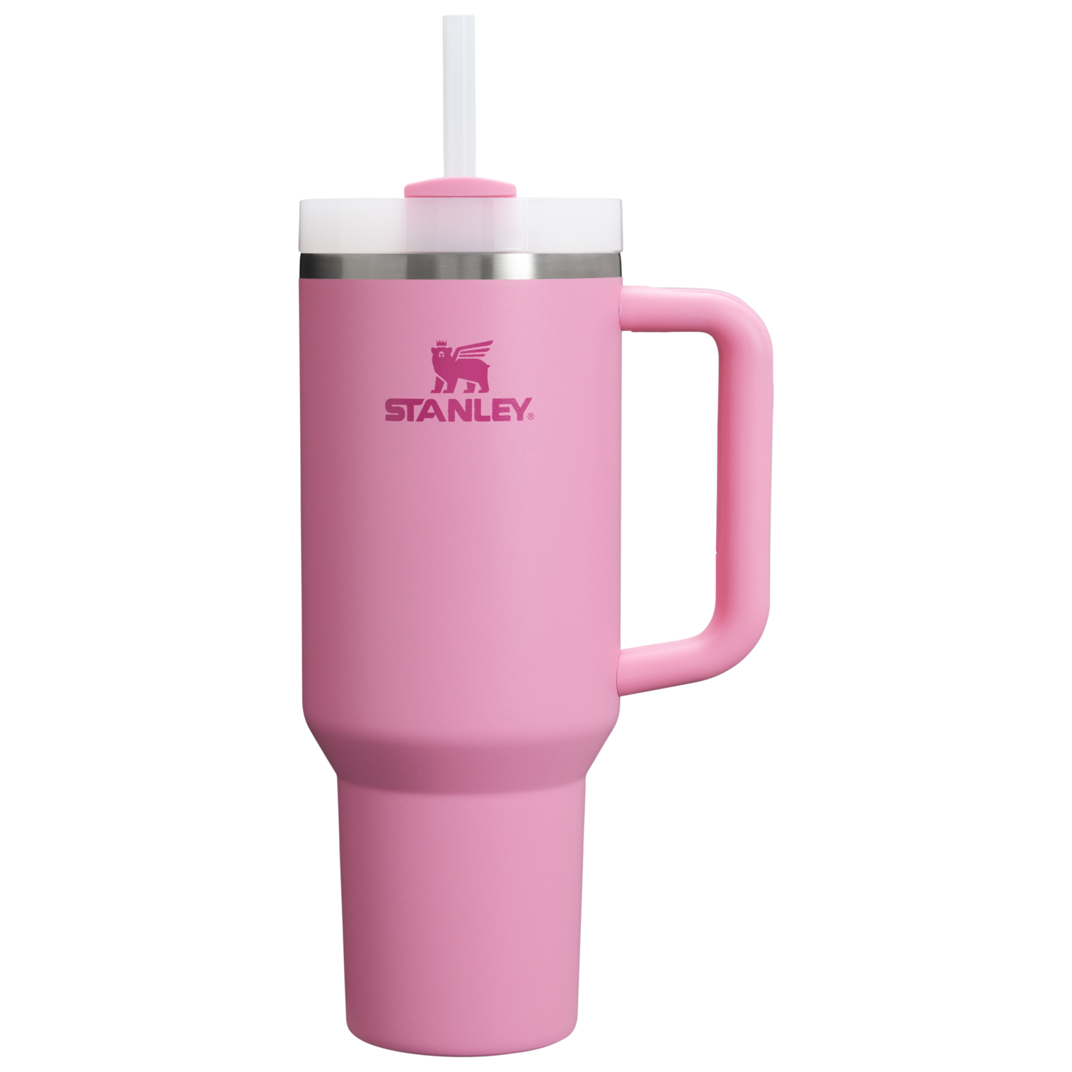 Stanley 1913 Quencher H2.0 tumbler in pink with handle, white lid, and straw on white background